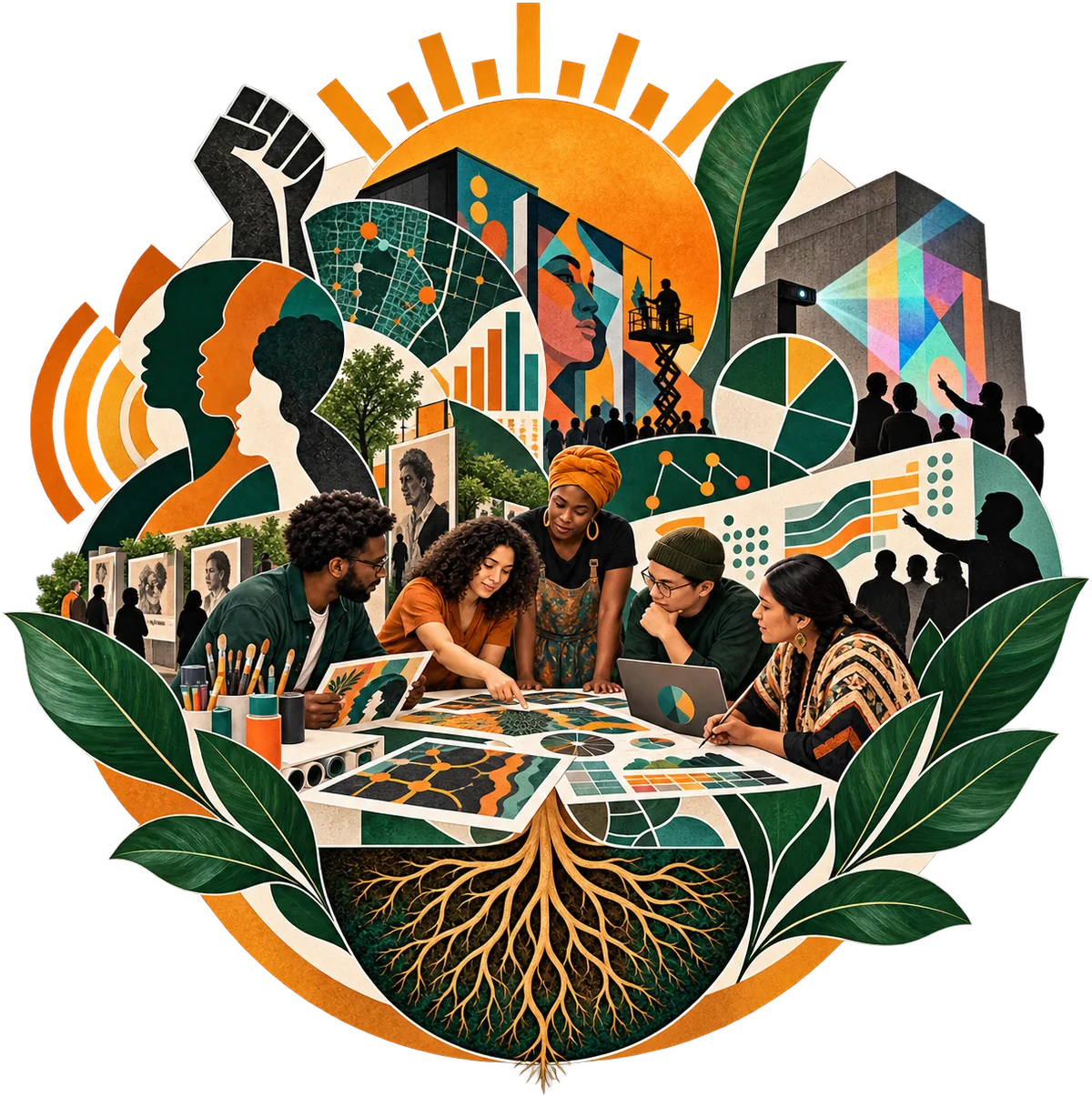 Collage: five people work together over a table of drawings and color studies, roots spreading into the ground beneath them, with a mural painter on a lift, a raised fist, three faces in profile, a sunburst, leaves, and a crowd before a projected facade.