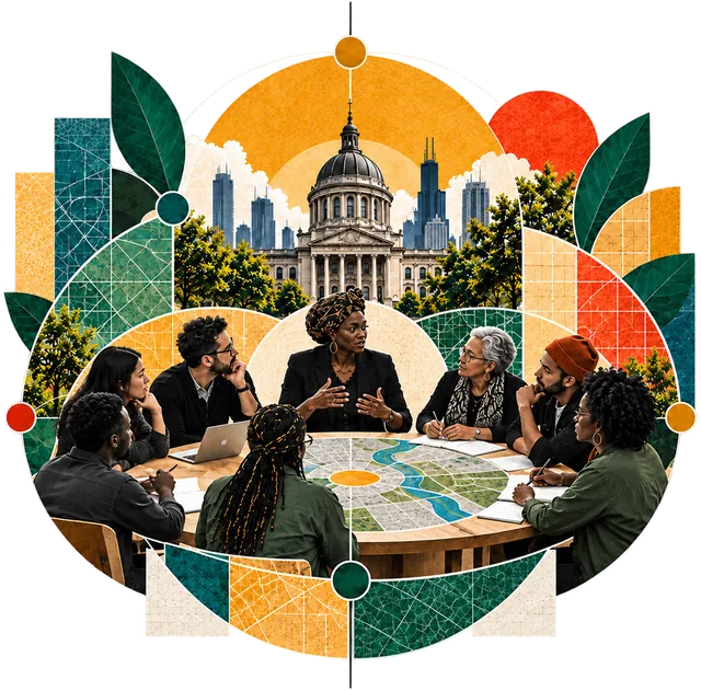 Collage: seven people around a table with a city map on it, a domed civic building and skyline behind them, ringed by leaves and colored survey blocks.