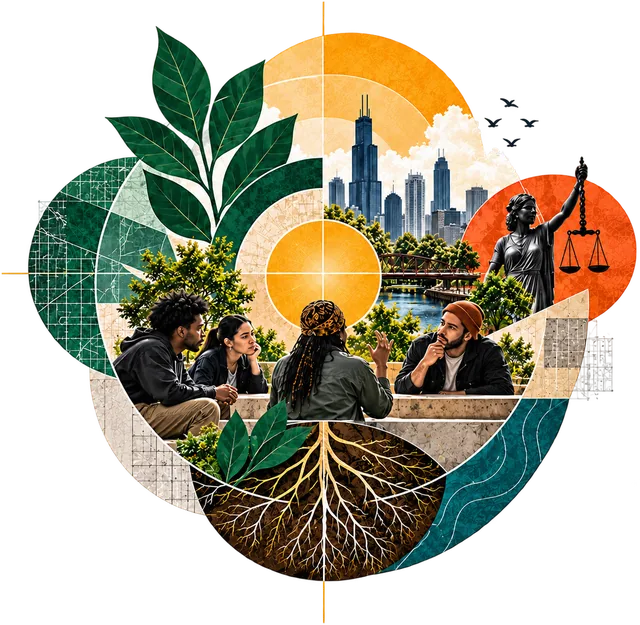 Collage: four people in conversation at a low wall, roots reaching into the ground beneath them, a skyline and river behind, and a figure of justice holding scales at the right.