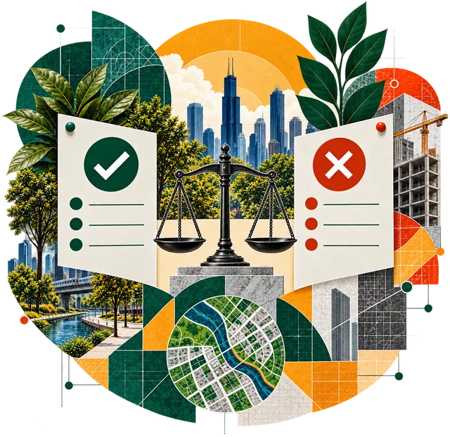 Collage: a set of scales on a plinth between two pinned sheets, one with a check mark and one with a cross, over a city map, a skyline, trees, and a building under a crane.