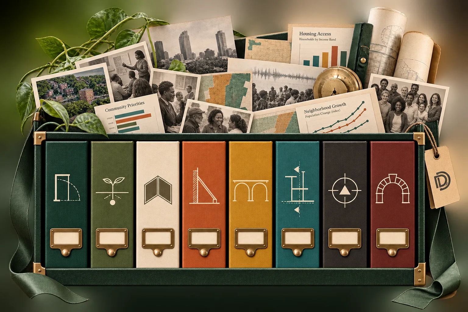 The collection as a case: eight upright spines in a bound box, each labelled and carrying one tier's mark — a door in plan, a seedling, an open book, a raking shore, an arcade, a section-cut marker, a survey benchmark, and a keystone arch. Above them rest the record they hold: photographs of a neighbourhood and its people, charts of housing access and neighbourhood growth, rolled maps, a sound waveform, and a surveyor's compass.