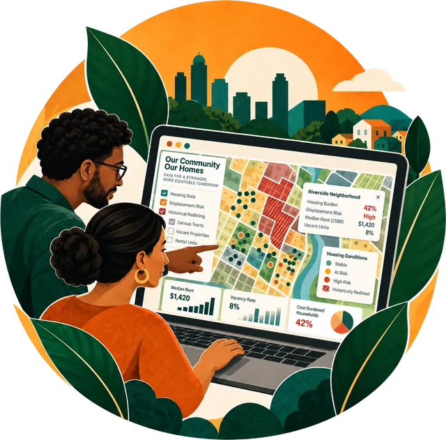 Illustration: two people at a laptop showing a neighborhood map of coloured parcels and dots beside a panel of housing figures, rent, vacancy, and cost burden, with a city skyline and leaves behind them.
