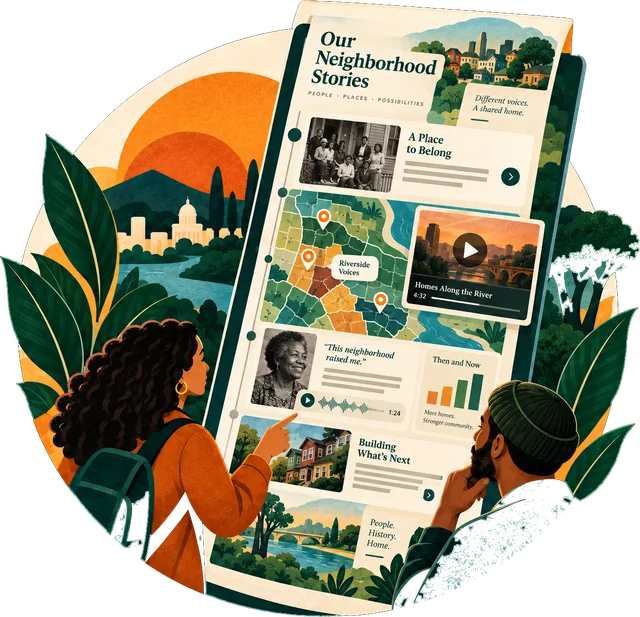 Illustration: a woman with a backpack and a man in a cap read a tall scrolling page titled Our Neighborhood Stories, where photographs, a map with pins, a voice recording, and captions run down the page, with a hillside town and a river behind them.