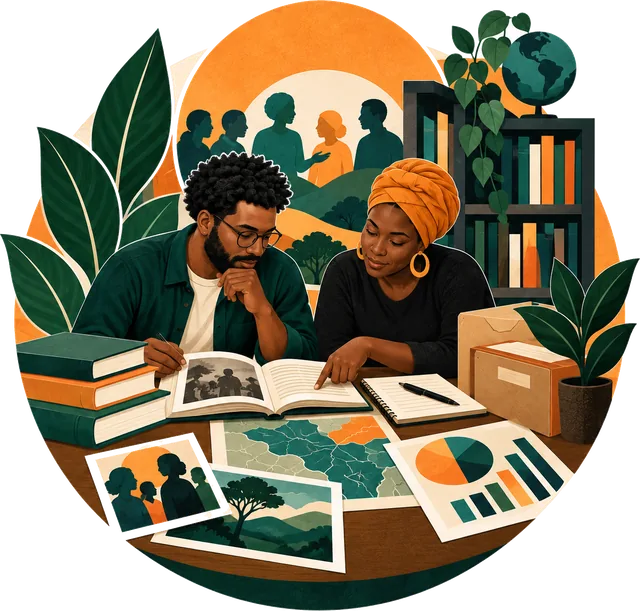 Illustration: two people at a table reading an open book beside stacked volumes, photographs, a map, and charts, with a shelf of books and a globe behind them.
