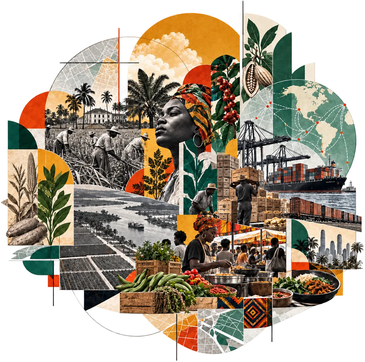 Collage: a woman in a headwrap above a plantation field, cacao and coffee, a container ship and cranes, a world map traced with shipping routes, and a market stall of vegetables and cooked food.
