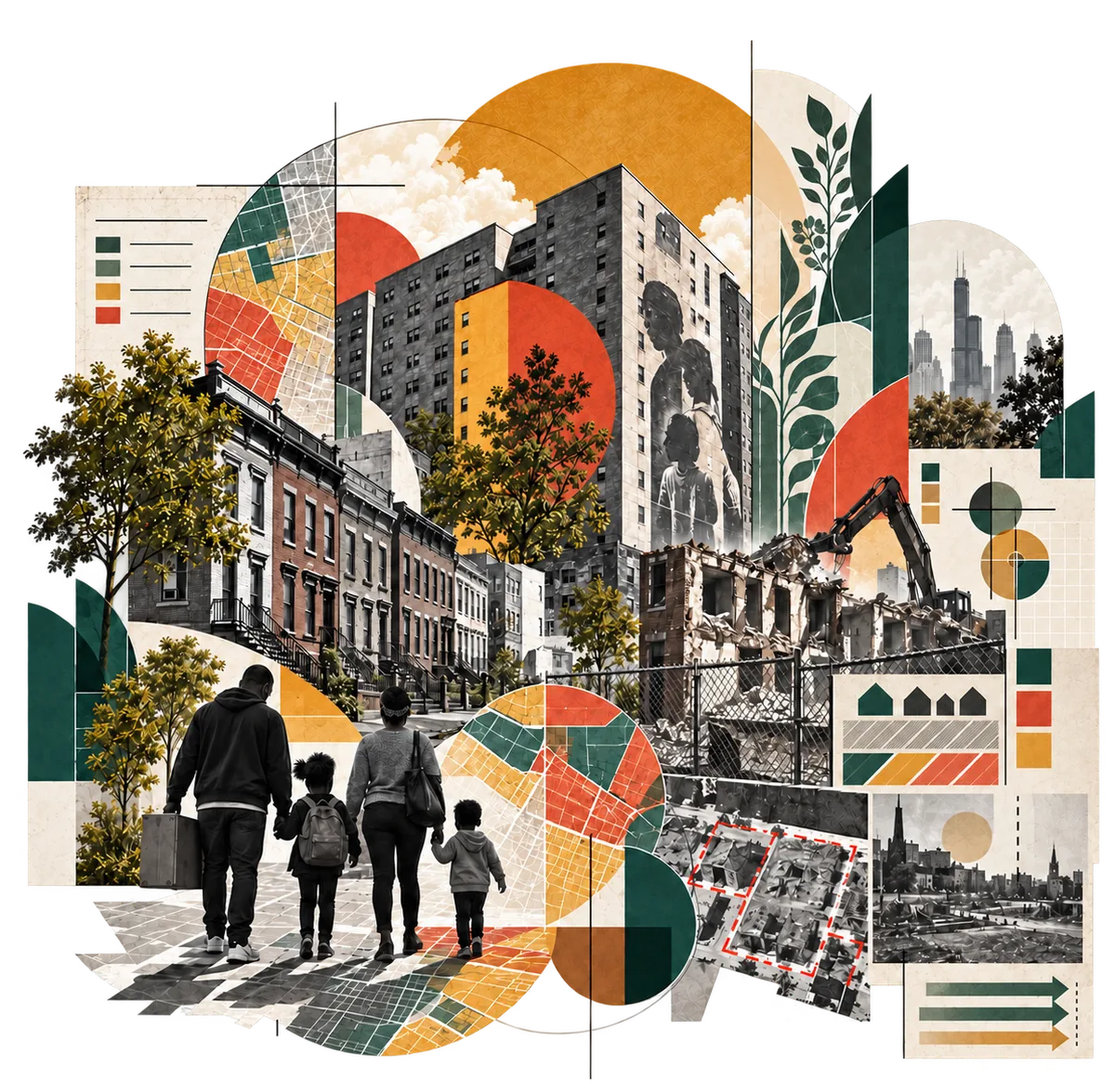Collage: a family of four walks toward brownstones as a tower block rises behind them and an excavator takes down a building, with zoning maps, a parcel outlined in red, and a legend of colored blocks.