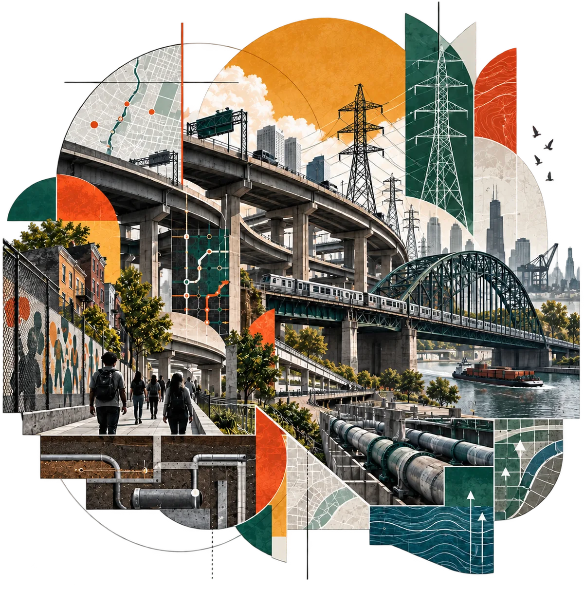 Collage: an elevated highway and a steel bridge carry traffic and a train above a river, power pylons behind, a mural and a chain-link fence beside walkers, and pipes running beneath the ground.