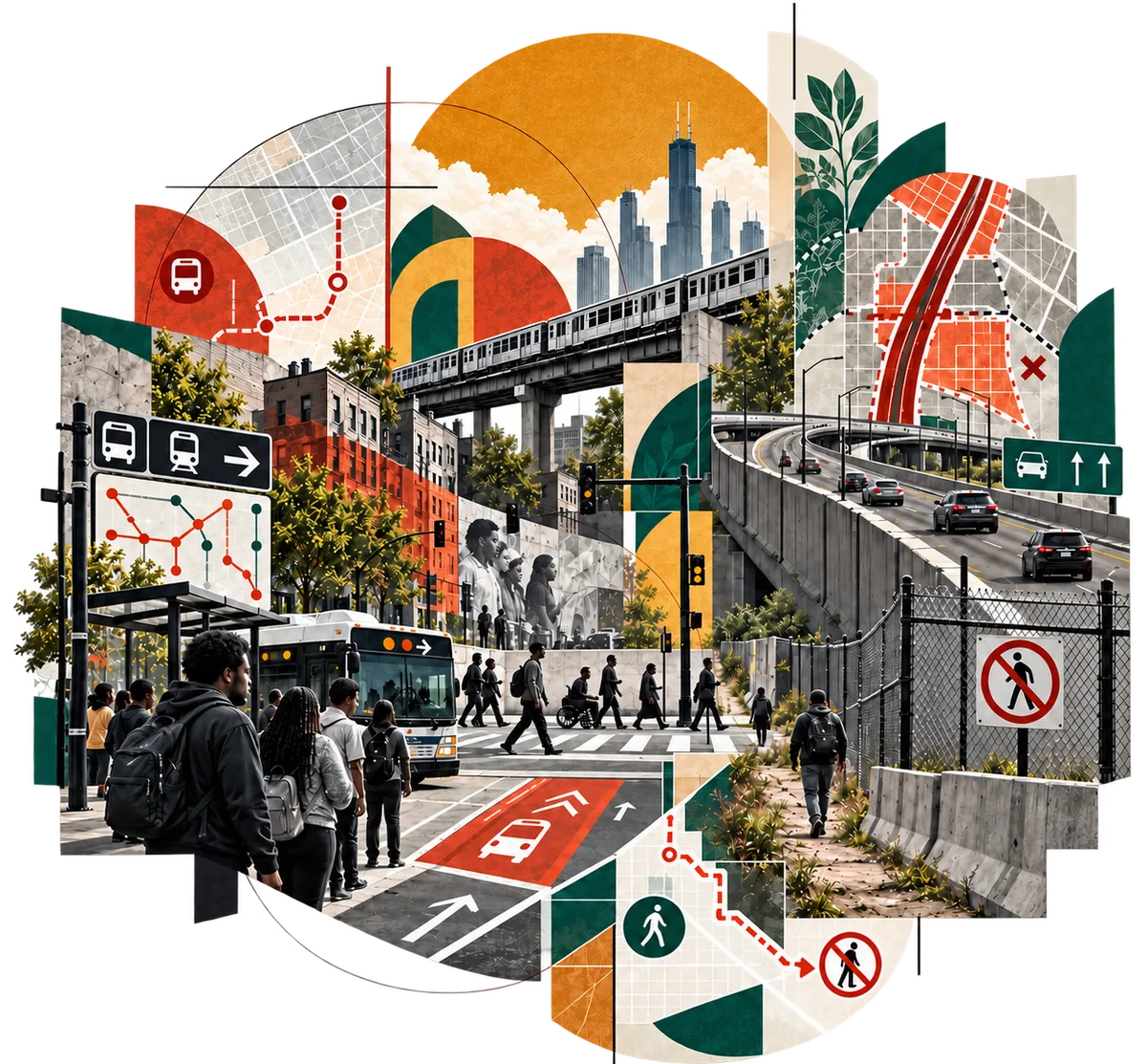 Collage: commuters wait at a bus stop below an elevated train while cars run on a highway behind a fence, with transit diagrams, a no-pedestrian sign, and a red route cut across a map.
