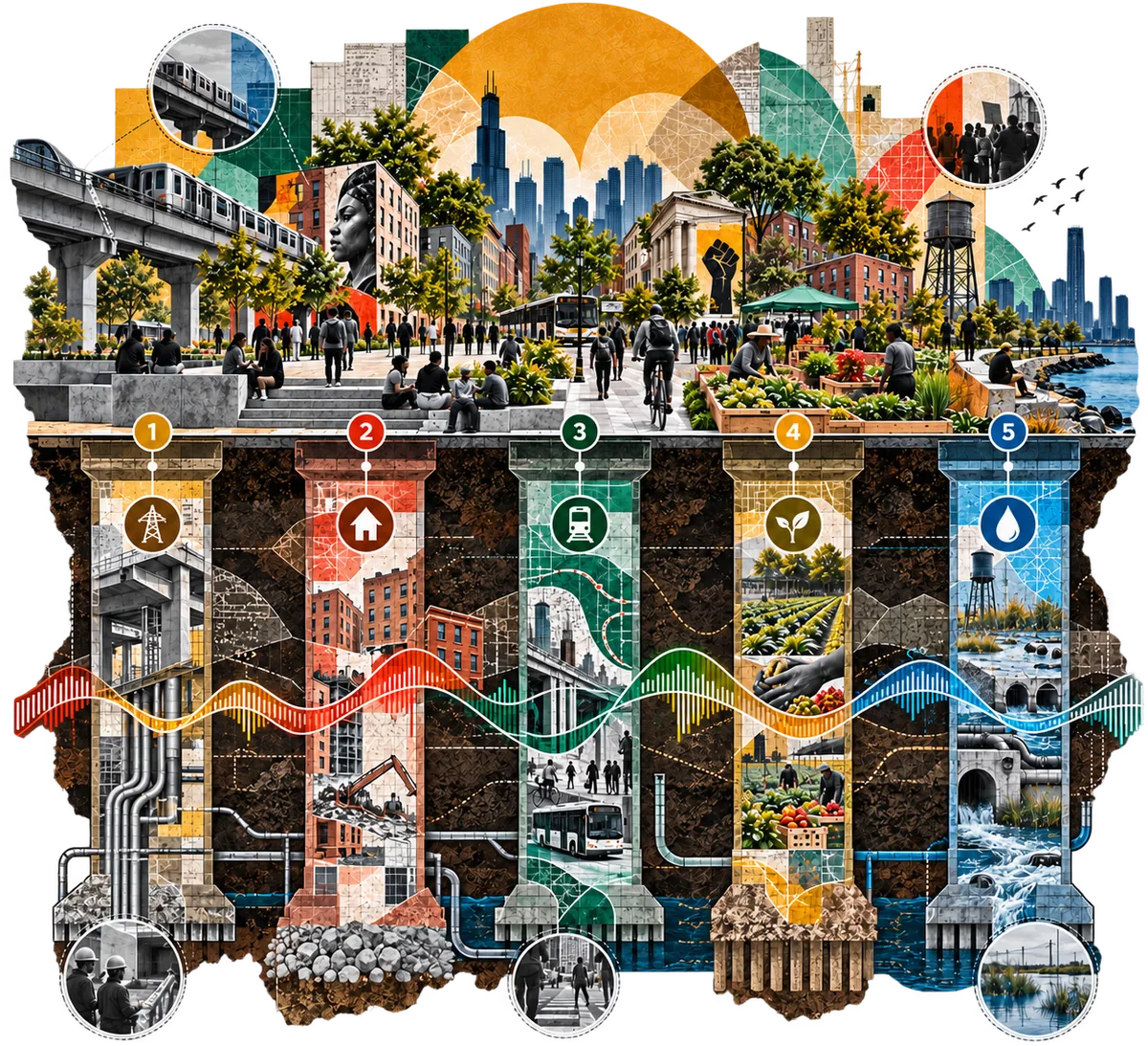 Collage: a city at street level &mdash; an elevated train, a plaza and mural, a bus, market stalls, a raised fist, a water tower, a waterfront &mdash; standing on five numbered piers sunk into the ground, each carrying an icon for power, housing, transit, crops, or water, with a colored sound wave running through all five.