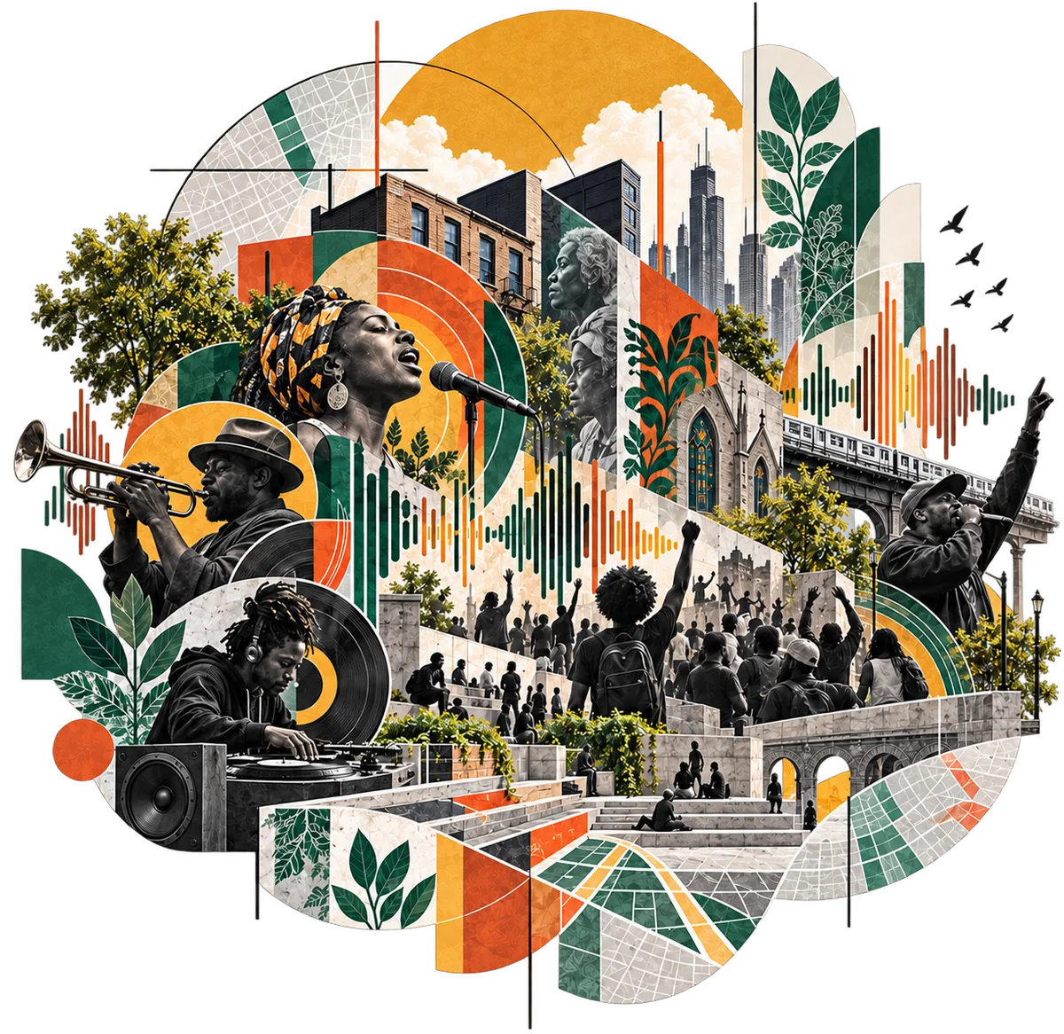 Collage: a singer at a microphone, a trumpeter, a DJ at turntables, and a crowd with raised fists on plaza steps, with waveforms, a church window, and an elevated train behind.