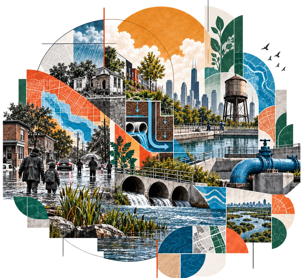Collage: a family wades a flooded street beside a damaged house while a water tower, a treatment basin, a culvert, and blue pipe valves sit under a skyline, with maps of watersheds and a wetland.