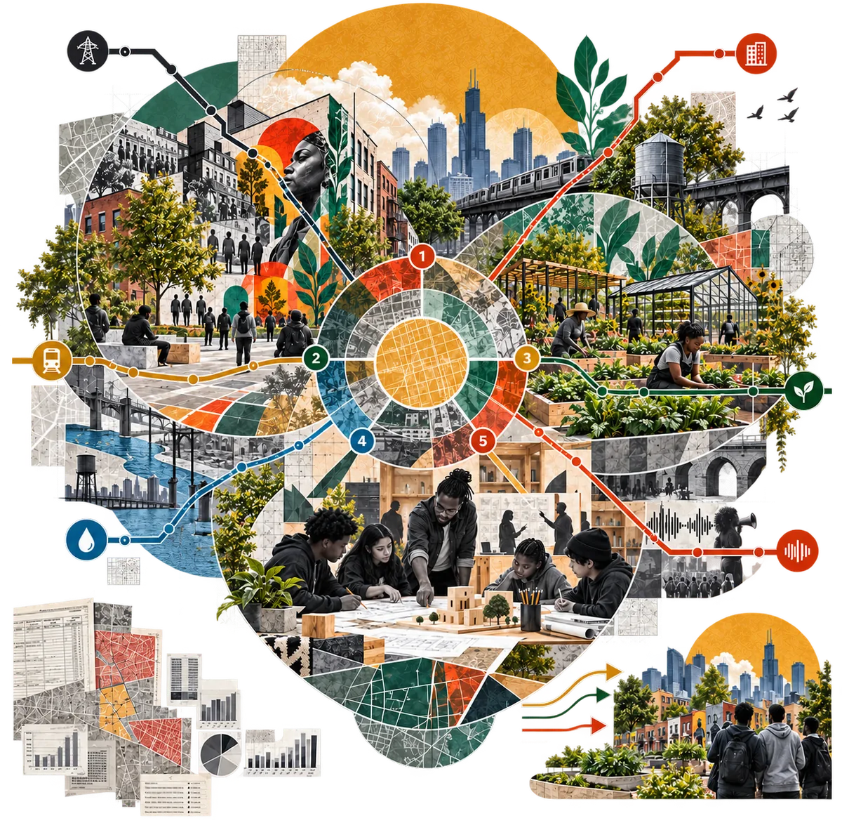 Collage: a target of concentric rings sits at the center of a city &mdash; a plaza and mural, a garden under a greenhouse, a river and water tower, students at a drafting table &mdash; with six numbered transit-style lines running out to icons for power, housing, transit, food, water, and sound, and census tables, maps, and charts stacked at the lower left.