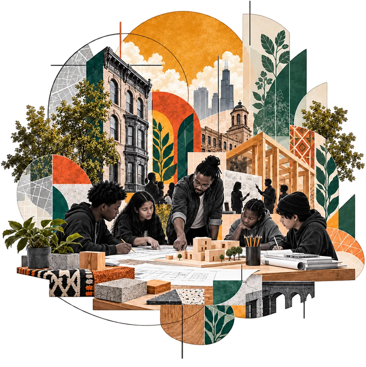 Collage: a teacher leans over a table where four students draw around a wooden block model, with brownstones, a timber frame, plans, and material samples layered around them.
