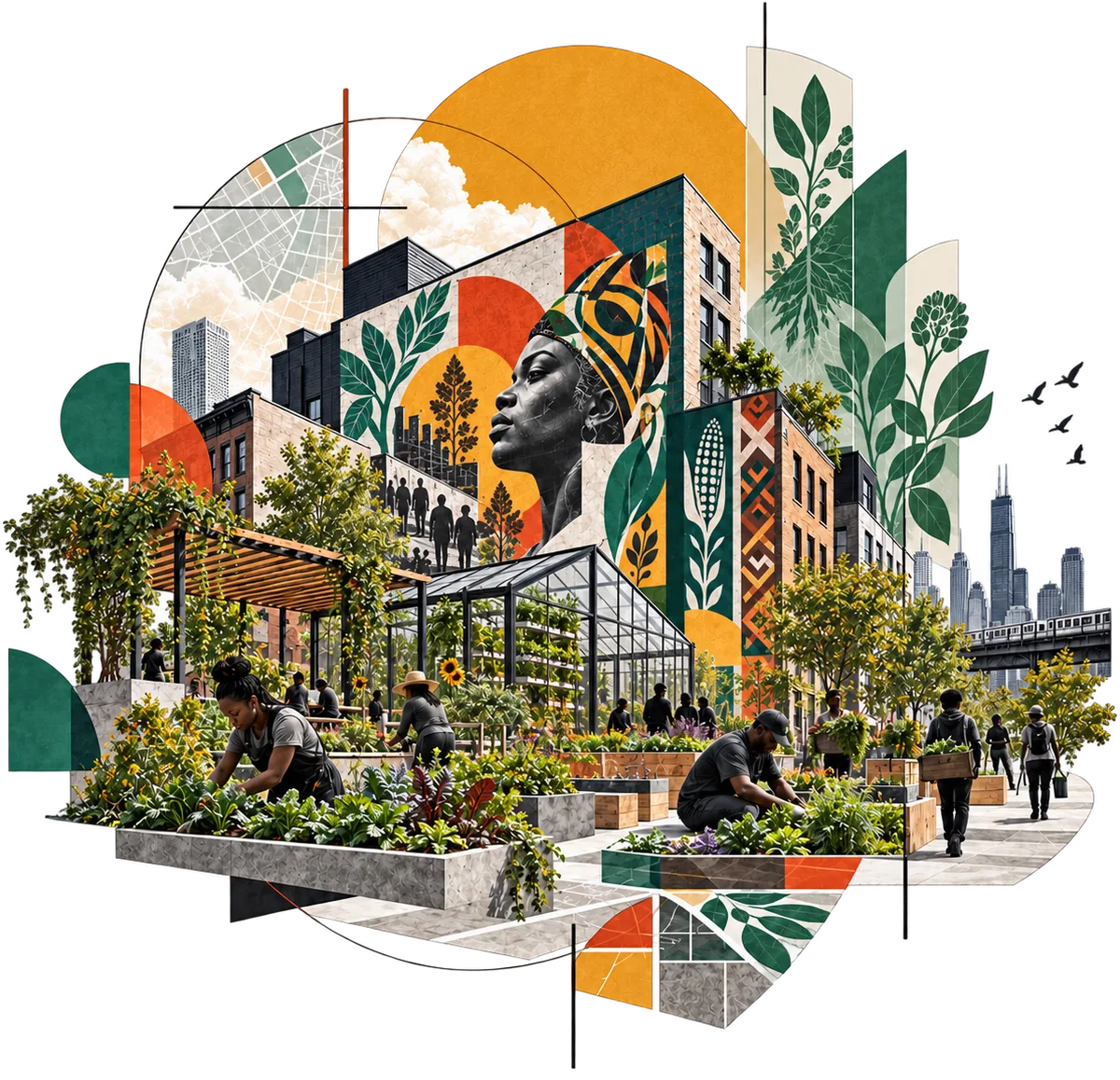 Collage: neighbors tend raised beds and a greenhouse below a mural of a woman in a patterned headwrap, with corn, leaves, and a street map layered over the buildings behind them.