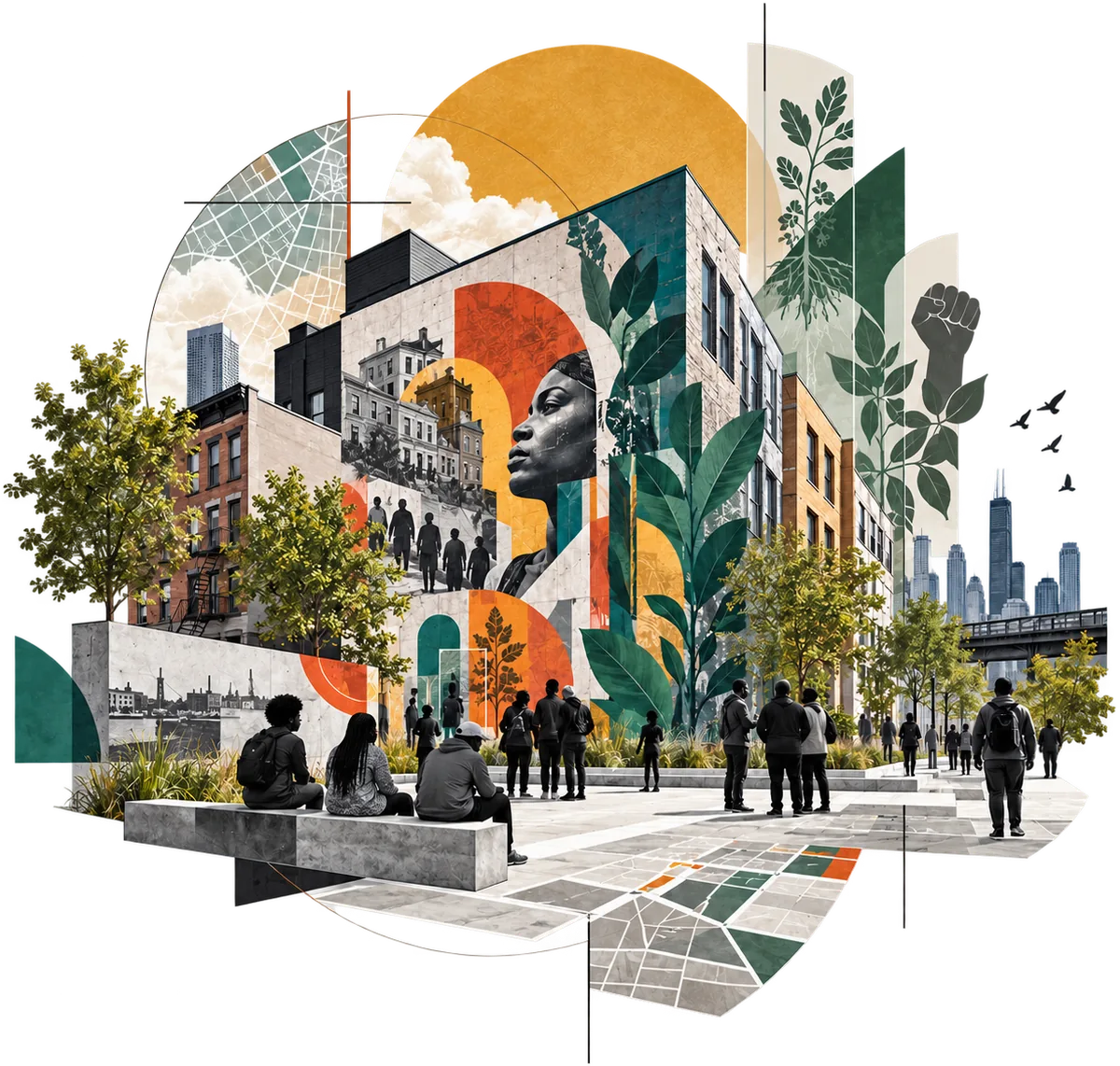 Collage: a mural of a woman&rsquo;s face and a marching crowd spans a building above a plaza where neighbors gather, with a street map, leaves, and a raised fist layered over the city.